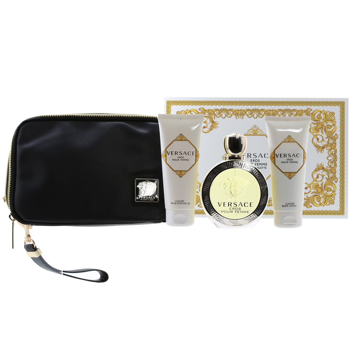 Versace Eros Pour Femme Set- 3.4 OZ Bath and Shower Gel, 3.4 OZ Body Lotion, 3.4 OZ EDT, Bag