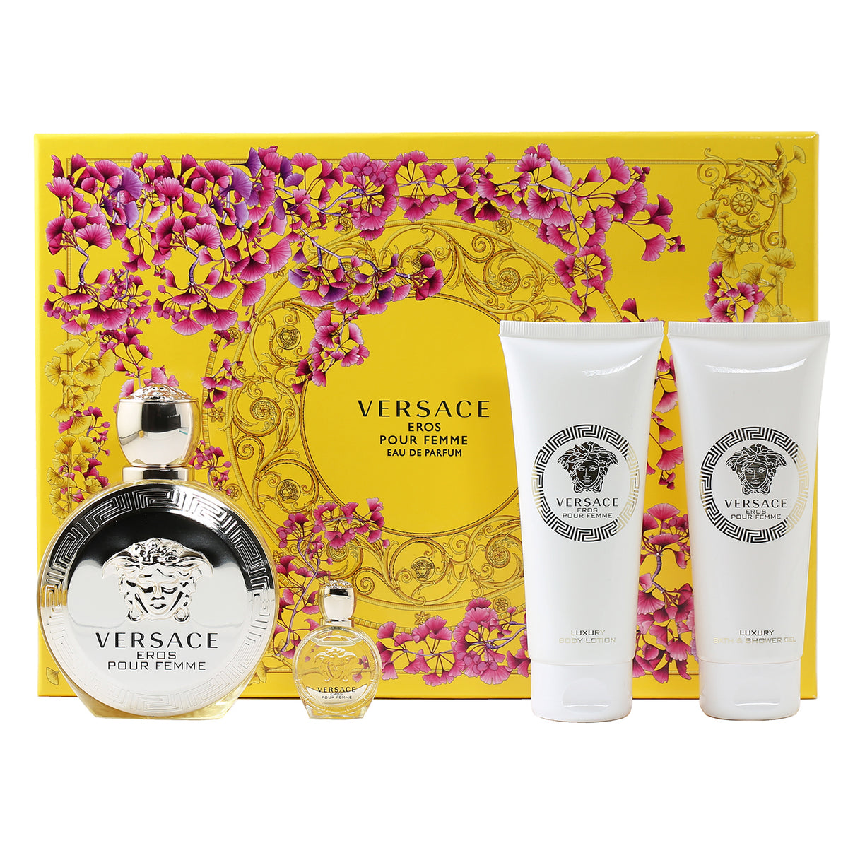 Versace Eros Pour Femme Set- 3.4 OZ EDP, .17 OZ EDP, 3.4 OZ Body Lotion, 3.4 OZ Bath and Shower Gel