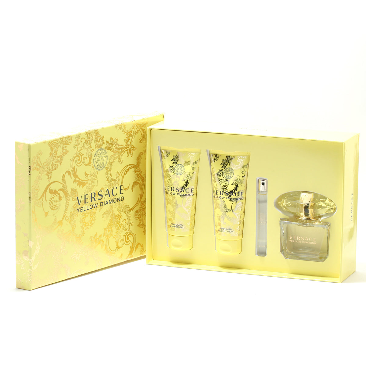 Versace Yellow Diamonds Set- 3 OZ Spray/ 3.4 OZ Shower Gel/ 3.4 OZ Body Lotion/ Mini
