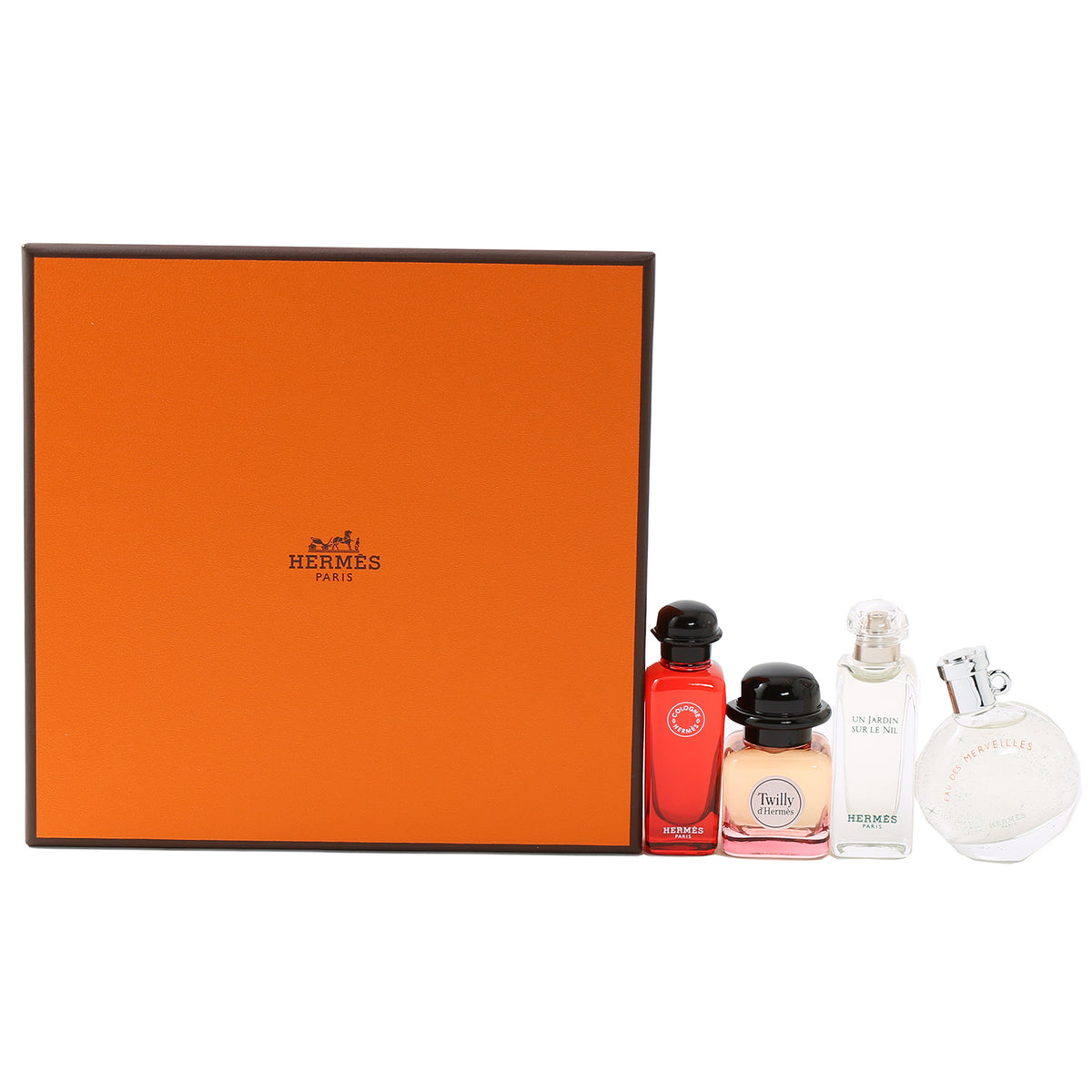Hermes Womens Mini Set- .25 Eau de Rhubarbe Ecarlate EDC, Eau de Marvellies EDT, .25 Twilly D'Hermes EDP, .25 Un Jardin Sur le Nil EDT