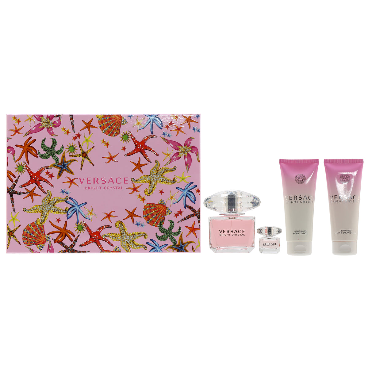 Versace Bright Crystal Set- 3.4 OZ Shower Gel, 3.4 OZ Body Lotion, 3 OZ EDT, Purse