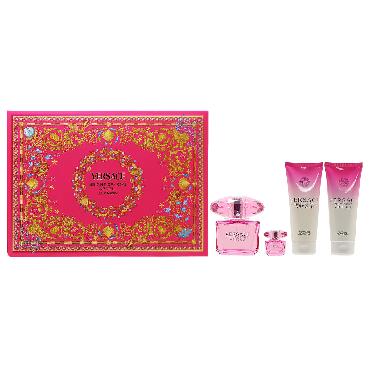 Versace Bright Crystal Absolu Set- 1.7 OZ EDP, 3.0 OZ EDP, 3.4 OZ Shower Gel, 3.4 OZ Body Lotion