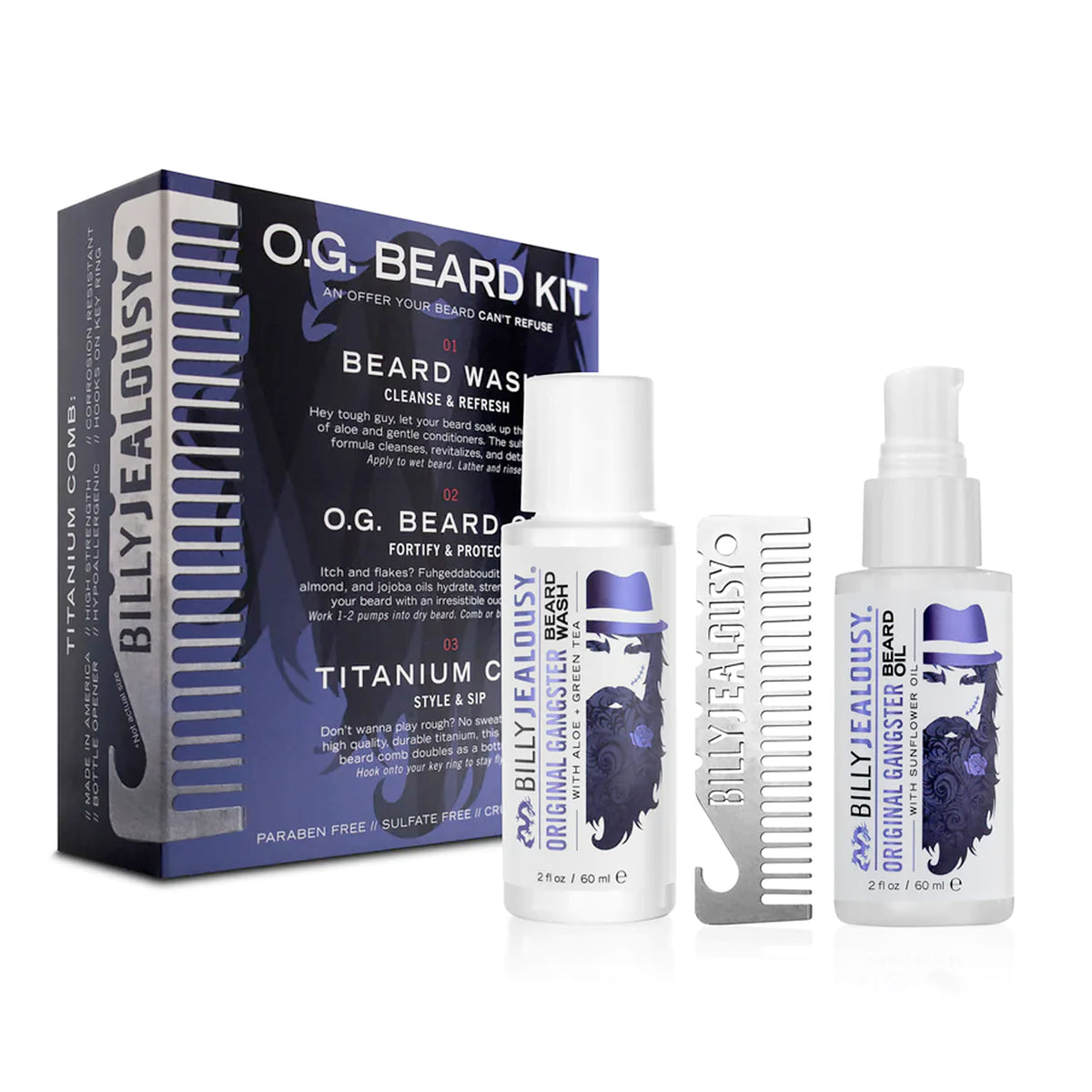 Billy Jealousy Beard Kit-2 OZ Original Gangster Beard Wash, 2 OZ Original Gangster Beard Oil, Titanium Comb