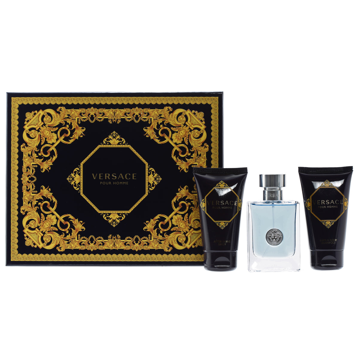 Versace Pour Homme Set-1.7 OZ EDT Spray, 1.7 OZ Hair and Body Shampoo, 1.7 OZ After-Shave Balm