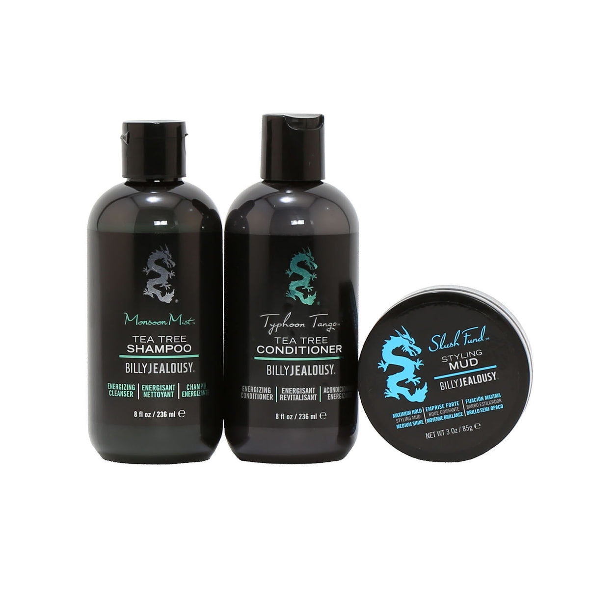 Billy Jealousy Full Size Salon Trio-Monsoon Mist Shampoo/Typhoon Tango Conditioner/ Slush Fund Styling Mud