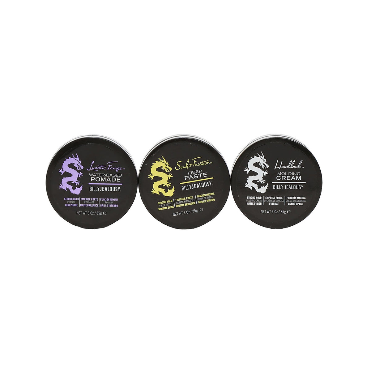 Billy Jealousy Full Size Salon Trio Lunatic Fringe Pomade, Sculpt Friction Fiber Paste, Headlock Molding Cream