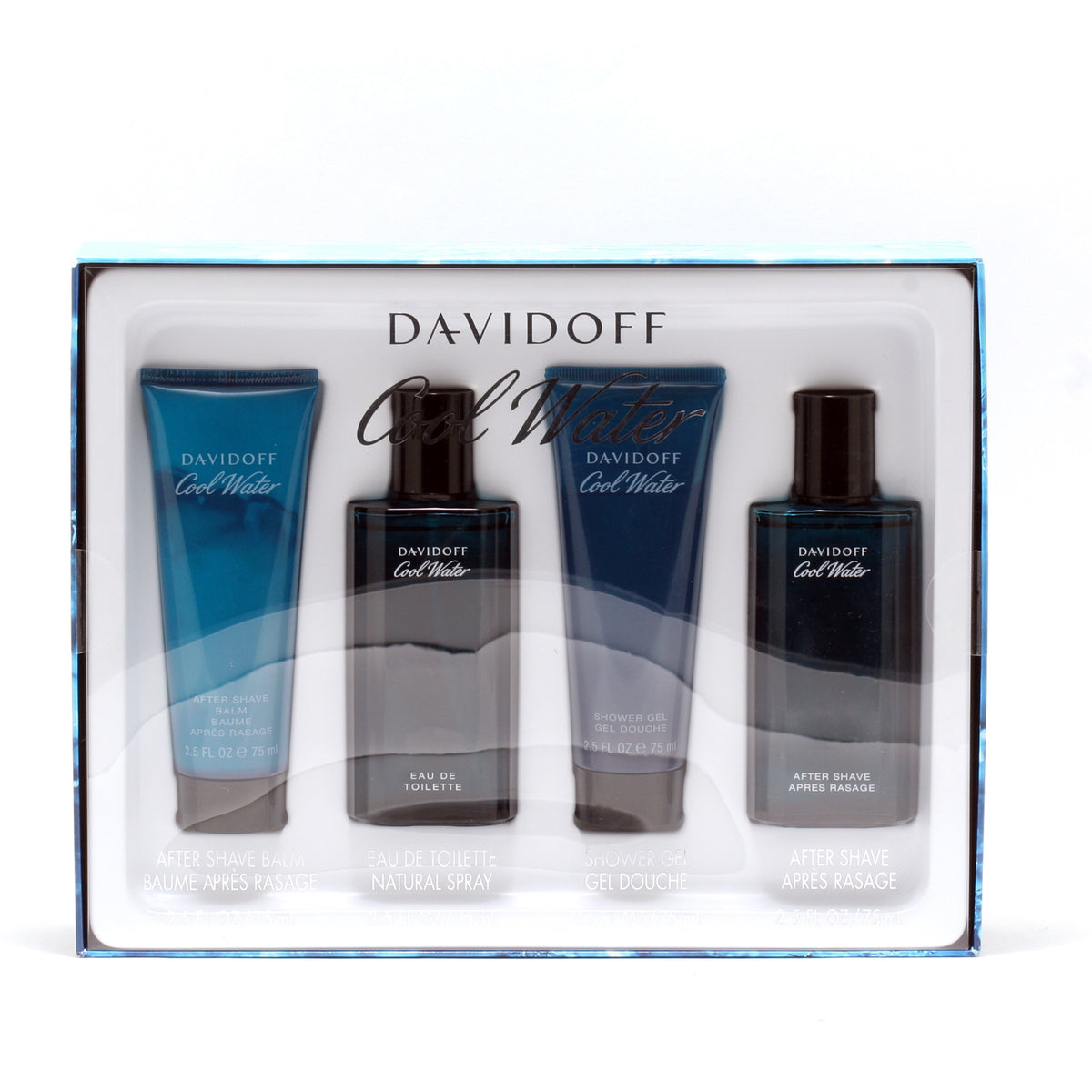 Cool Water Men by Davidoff Set- 2.5 OZ EDT Spray/ 2.5 OZ After Shave/ 2.5 OZ Shower Gel/ 2.5 OZ Aftershave Balm