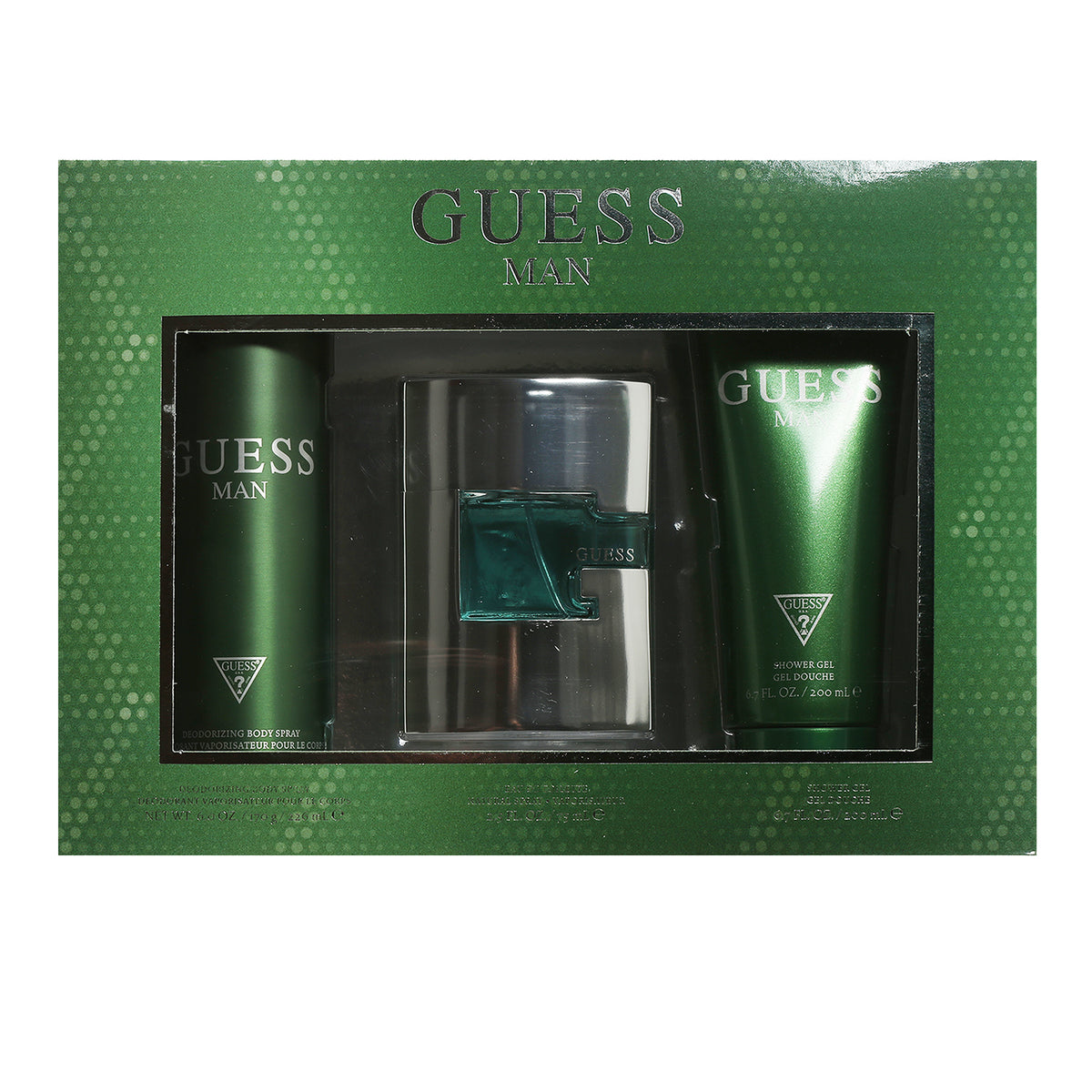 Guess Man 3 Piece Gift Set- 2.5 OZ EDT, 6.0 OZ Deodorant Spray, 6.7 OZ Shower Gel