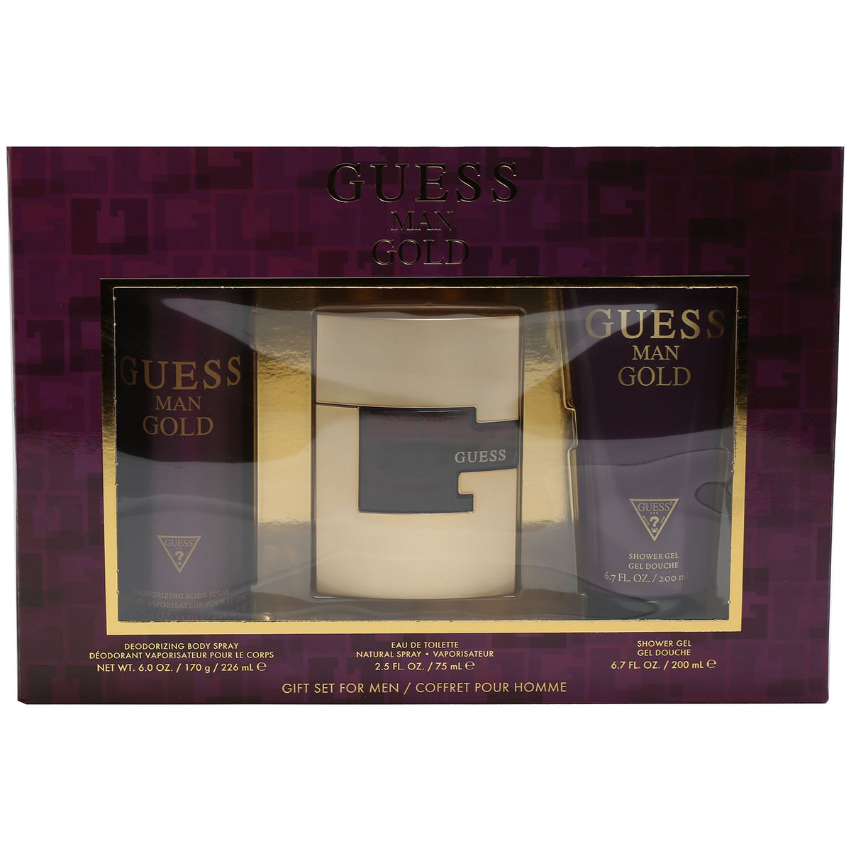 Guess Man Gold 6 OZ Body Spray, 2.5 OZ EDT, 6.7 OZ Shower Gel