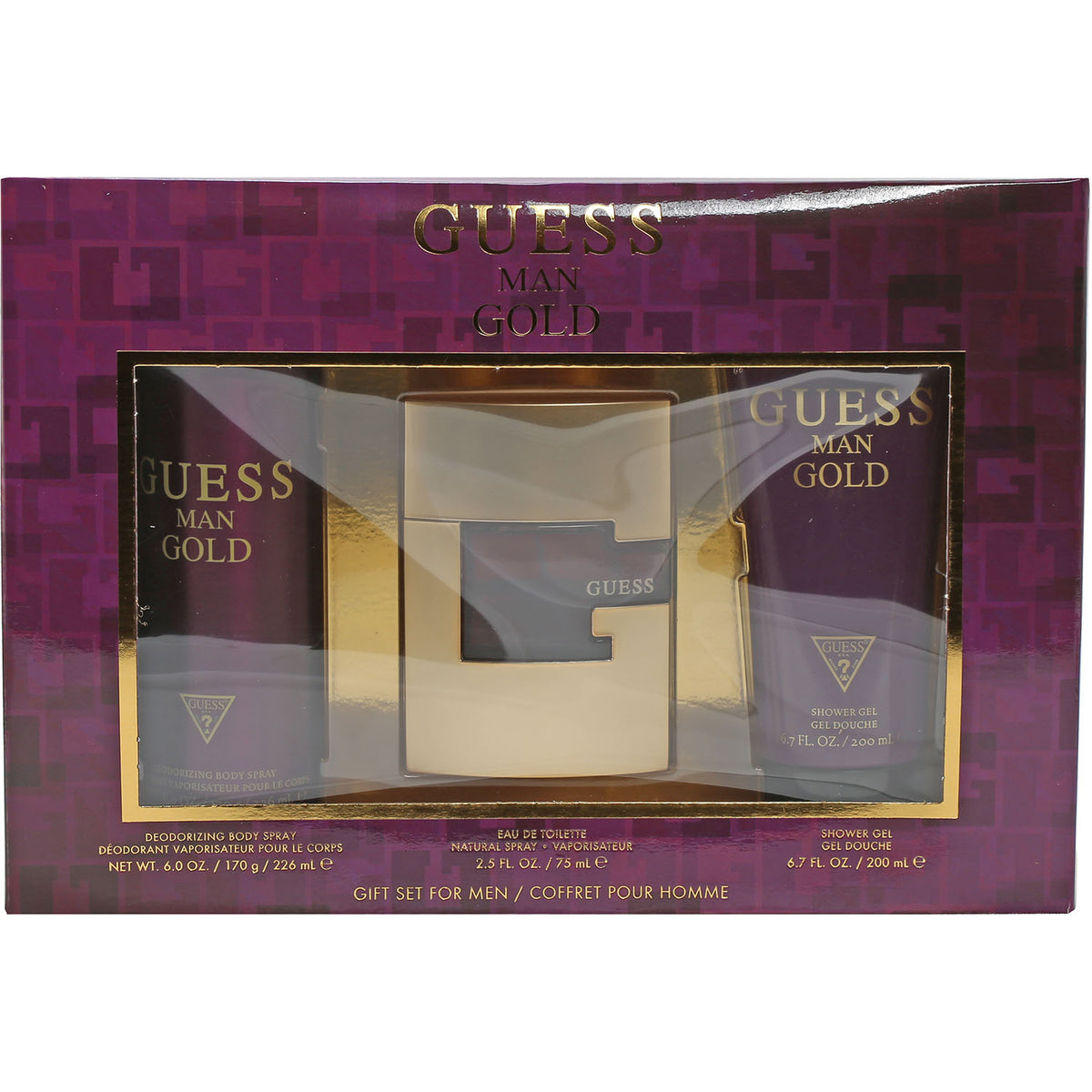 Guess Man Gold Set 2.5 OZ EDT, 6.7 OZ Shower Gel, 6 OZ Body Spray