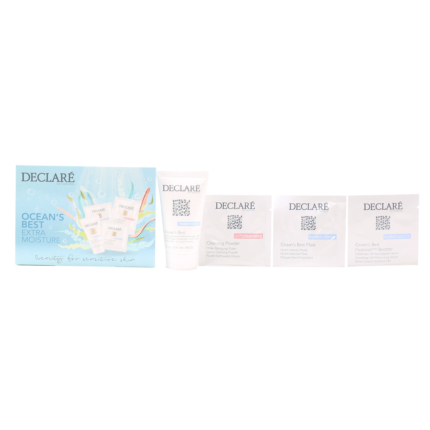 DECLARE OCEAN'S BEST EXTRA MOISTURE SET .8 OZ OCEAN'S BEST CREAM, .4 OZ CLEANSING POWDER, .5 OZ OCEAN'S BEST HYALURON BOOSTER, .1 OZ OCEAN'S BEST MASK