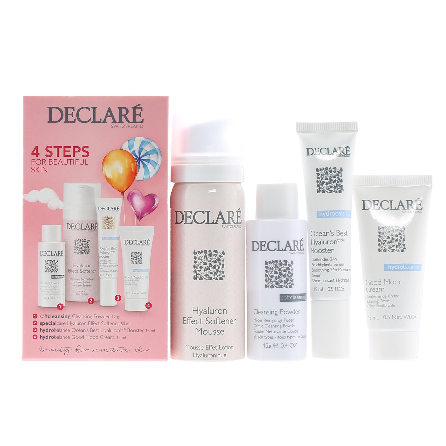 DECLARE 4 STEPS FOR BEAUTIFUL SKIN SET .5 OZ OCEAN'S BEST HYALURON BOOSTER, .4 OZ CLEANSING POWDER, 1.7 OZ HYALURON EFFECT SOFTENER, .5 OZ GOOD MOOD CREAM