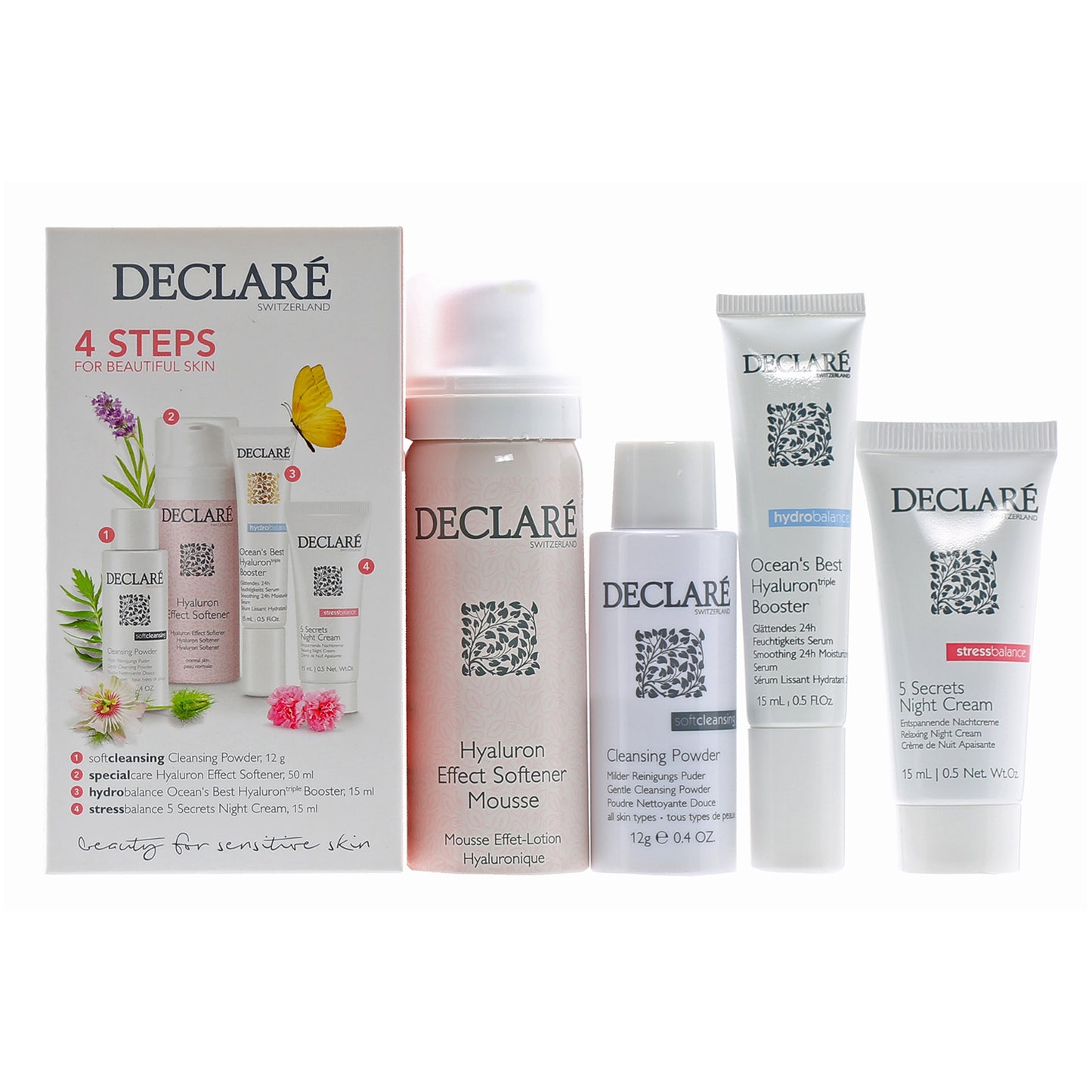 DECLARE 4 STEPS FOR BEAUTIFUL SKIN SET 1.7 OZ HYALURON EFFECT SOFTENER, .5 OOZ OCEAN'S BEST HYALURON BOOSTER, .5 OZ 5 SECRETS NIGHT CREAM, .4 OZ CLEANSING POWDER