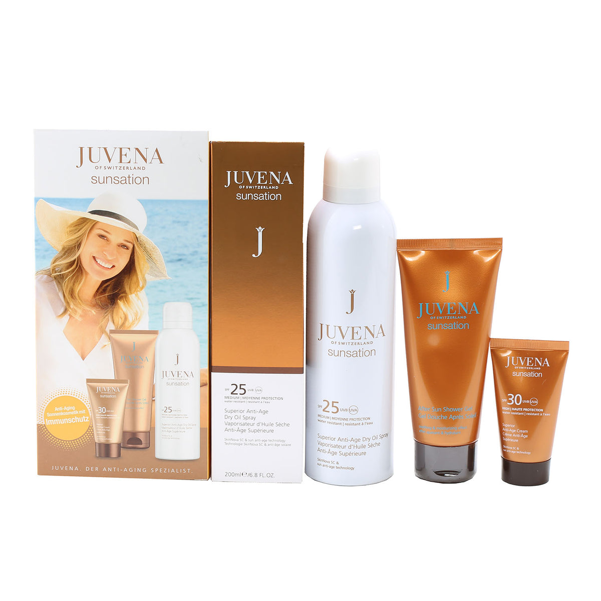 Juvena Sunsation 3 Piece Set .8 OZ Superior Anti Age Cream SPF 30, 3.4 OZ After Sun Shower Gel, 6.8 OZ Superior Anti Age Dry Oil Spray SPF 25