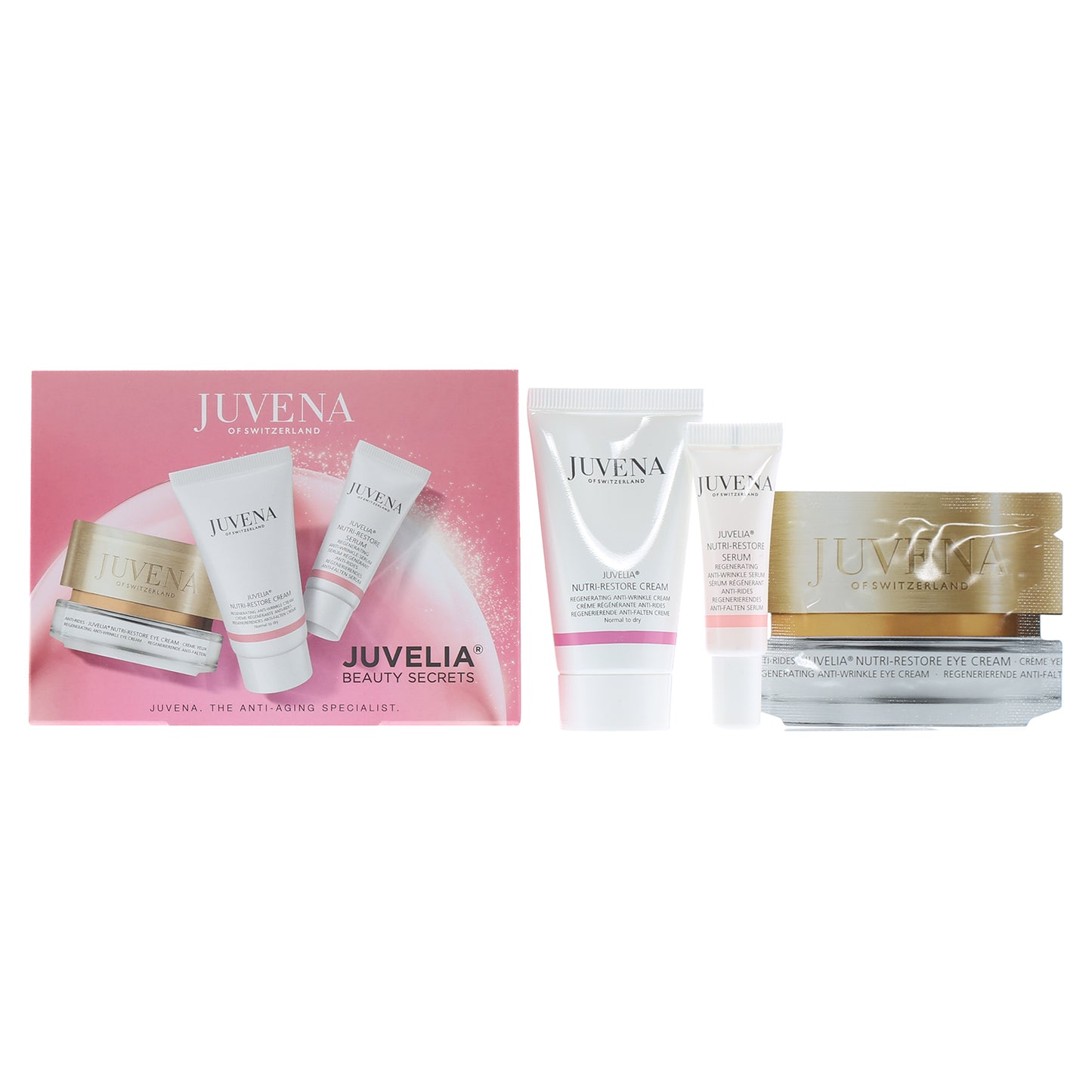 JUVENA BEAUTY SECRETS SET .8 OZ NUTRI RESTORE CREAM, 0.1 OZ NUTRI RESTORE SERUM, .5 OZ NUTRI RESTORE EYE CREAM