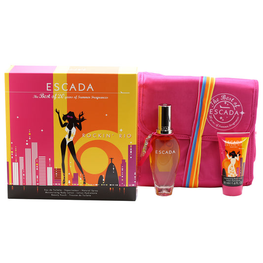 ESCADA ROCKIN RIO SET 1.6 OZ EDT, 1.6 OZ BODY LOTION, BEAUTY POUCH