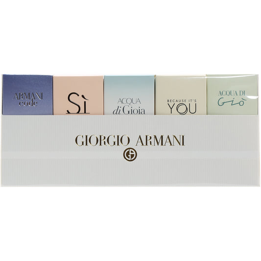 ARMANI WOMAN 5 PC SET ARMANI CODE EDT .10 OZ/ SI EDP .24 OZ/ ACQUA DI GIO EDP .17 OZ, BECAUSE IT'S YOU EDP .24 OZ/ ACQUA DI GIO EDP .17 OZ