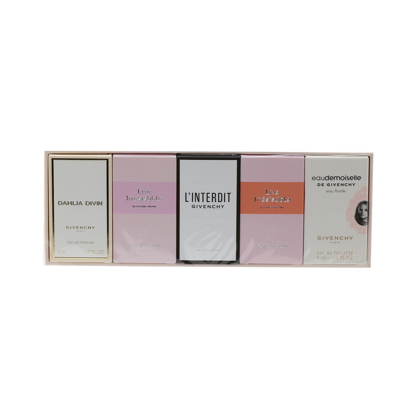 GIVENCHY 5 PIECE SET, .17 DAHLIA DIVIN, .1 LIVE IRRESISTAIBLE BLOSSOM CRUSH, .3 LINTERDIT, .1 LIVE IRRESISTINBLE, .13 EAU DE MOISELLE