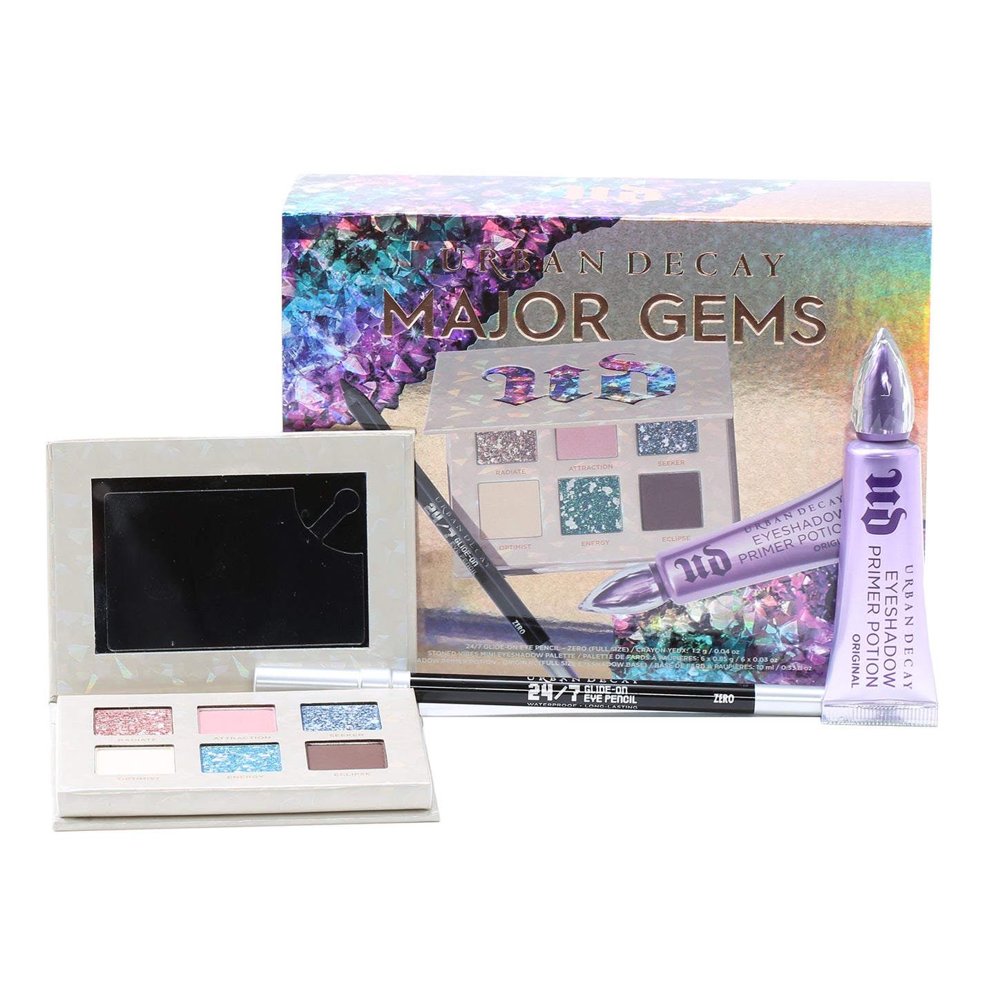 URBAN DECAY MAJOR GEMS MAKE UP SET EYE SHADOW PALLET (RADIATE, ATTRACTION, SEEKER, OPTIMIST, ENERGY, ECLIPSE), 24/7 GLIDE ON EYE PENCIL, EYESHADOW PRIMER POTION