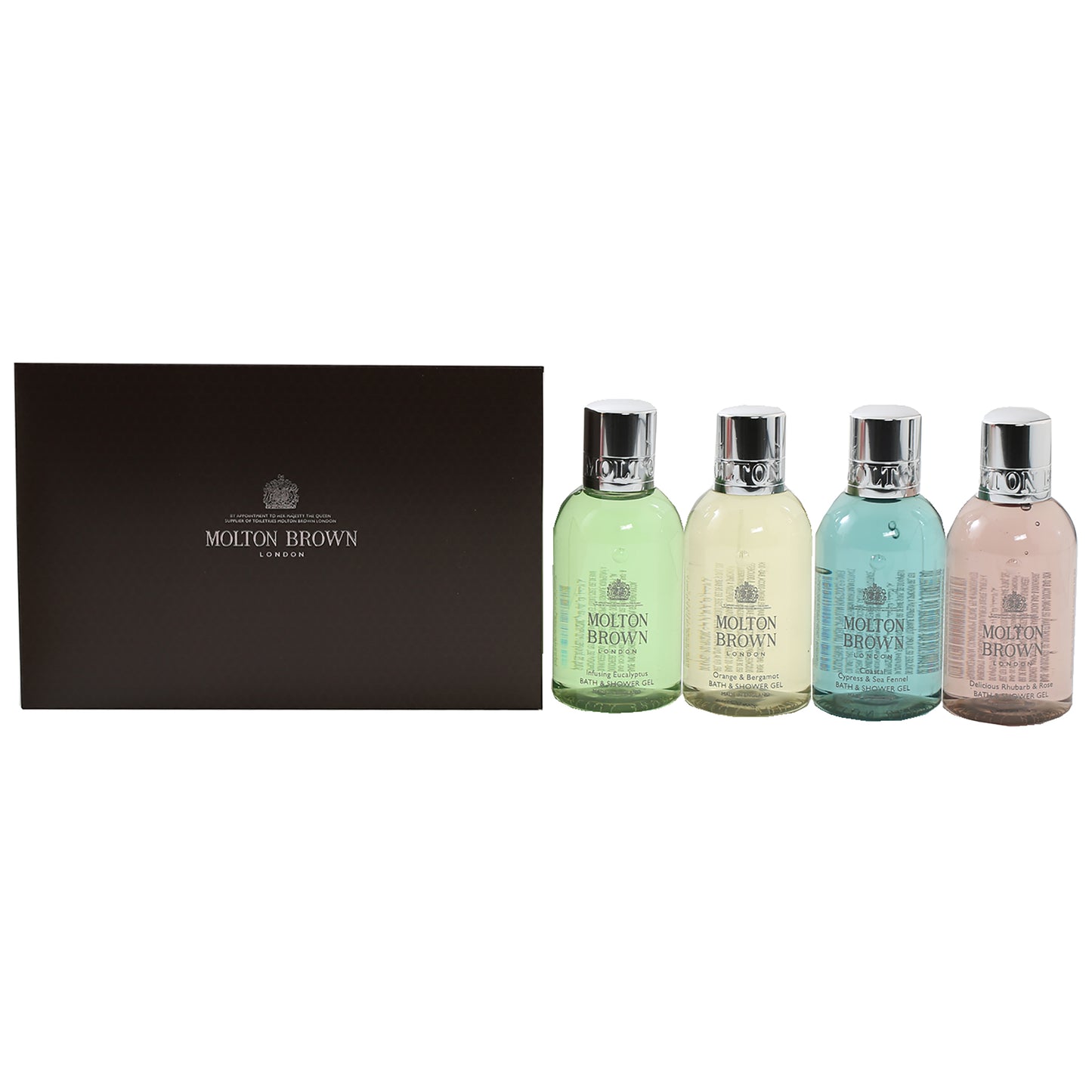 MOLTON BROWN SHOWER GEL SET- 3.3 OZ RHUBARB & ROSE, 3.3 OZ ORANGE & BERGAMONT, 3.3 OZ COASTAL CYPRESS & SEA FENNEL. 3.3 OZ UNFUING EUCALYPTUS